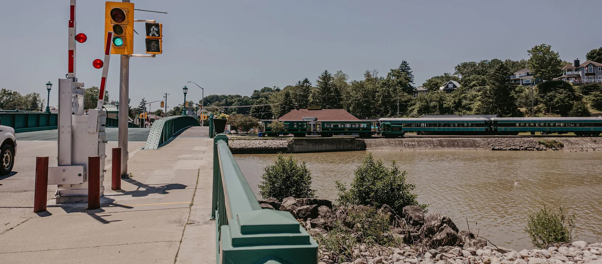 The lift bridge over Kettle Creek, with the Port Stanley Terminal Rail train beside the harbour